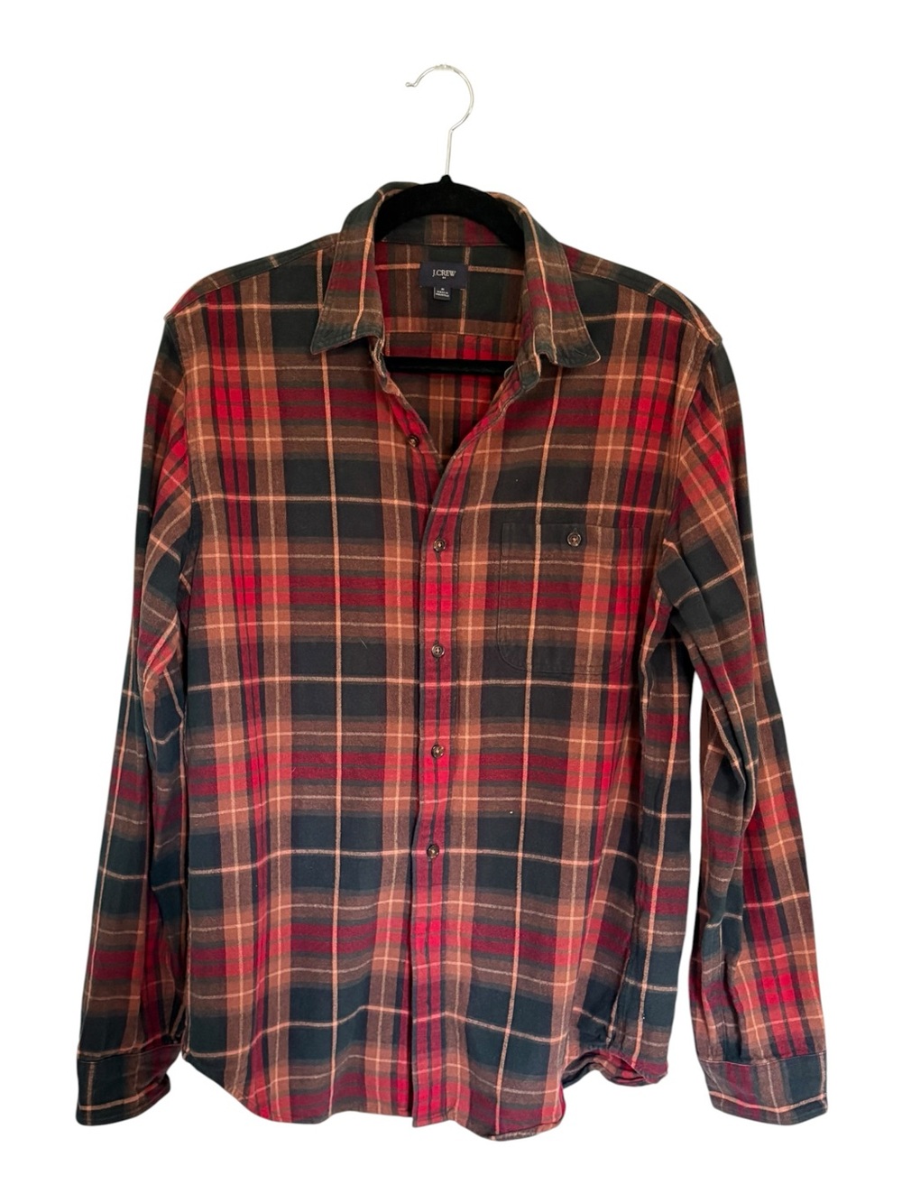 J. Crew Mens Plaid Flannel Button Down Shirt Brown Elbow Patches Red Black M